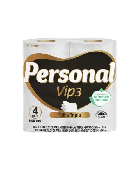 PAPEL HIGIENICO PERSONAL VIP FOLHA TRIPLA NEUTRO (20M) C/4 ROLOS