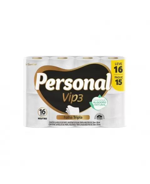 PAPEL HIGIENICO PERSONAL VIP FOLHA TRIPLA NEUTRO (20M) (LV16P15) C/16 ROLOS